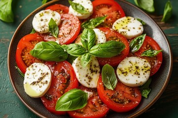 Caprese salad on a round plate, top view 