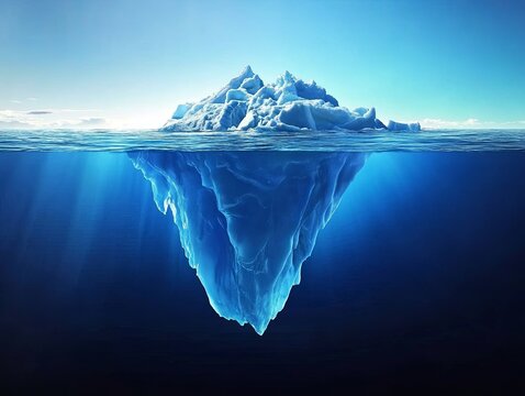 A large iceberg floats in the ocean, with the majority of its mass hidden beneath the surface, illustrating the concept of the unseen.