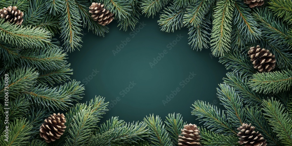 Poster small pine tree branches arranged in a vignette style, surrounding the edges of the image with detai