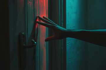 Creepy hand reaching out from behind an open door Horror Suspenseful  Elements Concept