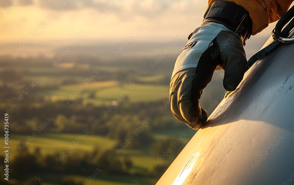Poster engineer adjusting safety line while climbing turbine
