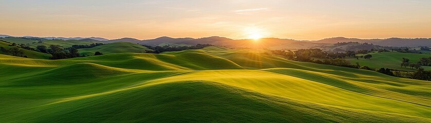 Fototapeta premium Rolling green hills under a glowing sunset sky, with soft light highlighting the gentle contours of the land, creating a perfect rural escape