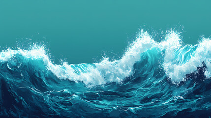 Fototapeta premium Vibrant cyan tidal wave crashing in open ocean. Tidal Wave. Illustration