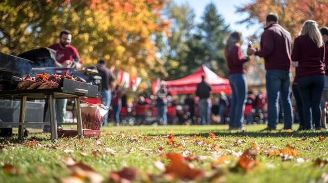 People engage in a lively tailgate gathering outdoors, grilling food and chatting cheerfully surrounded by autumn leaves and team flags fluttering