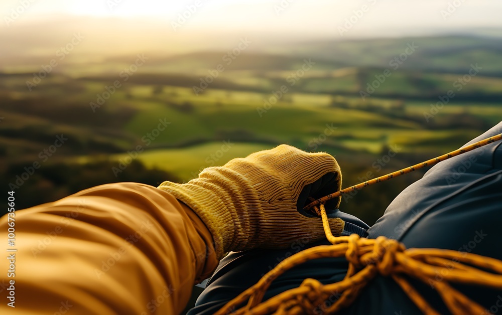 Poster engineer adjusting safety line while climbing turbine