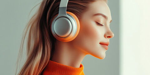 A young woman listens to music with headphones while enjoying a moment of relaxation in a bright and modern room during the afternoon