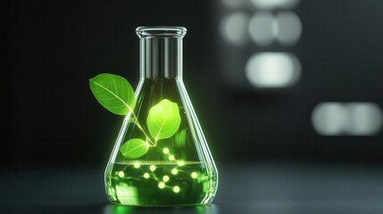 A small plant growing in a beaker filled with green liquid, symbolizing science and nature.