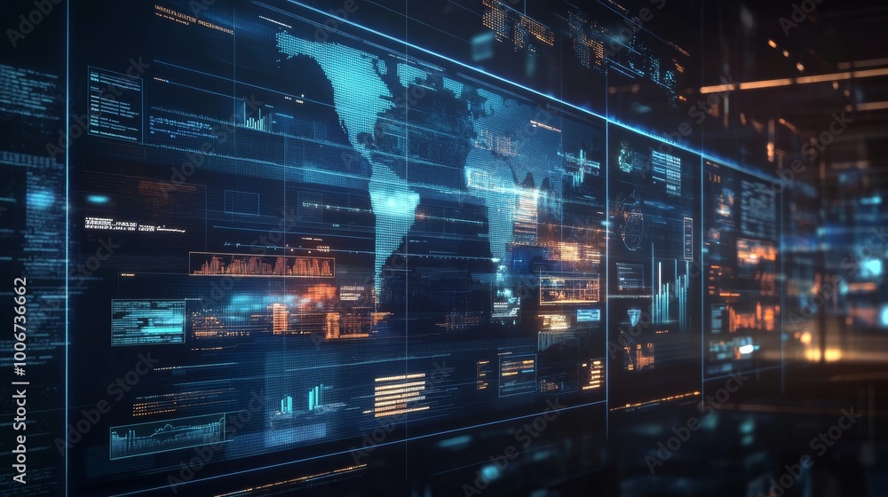 Poster a digital display showing world maps, data graphs, and technical information, blending technology an