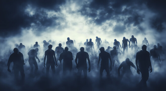 Silhouette of zombie horde against dark sky background