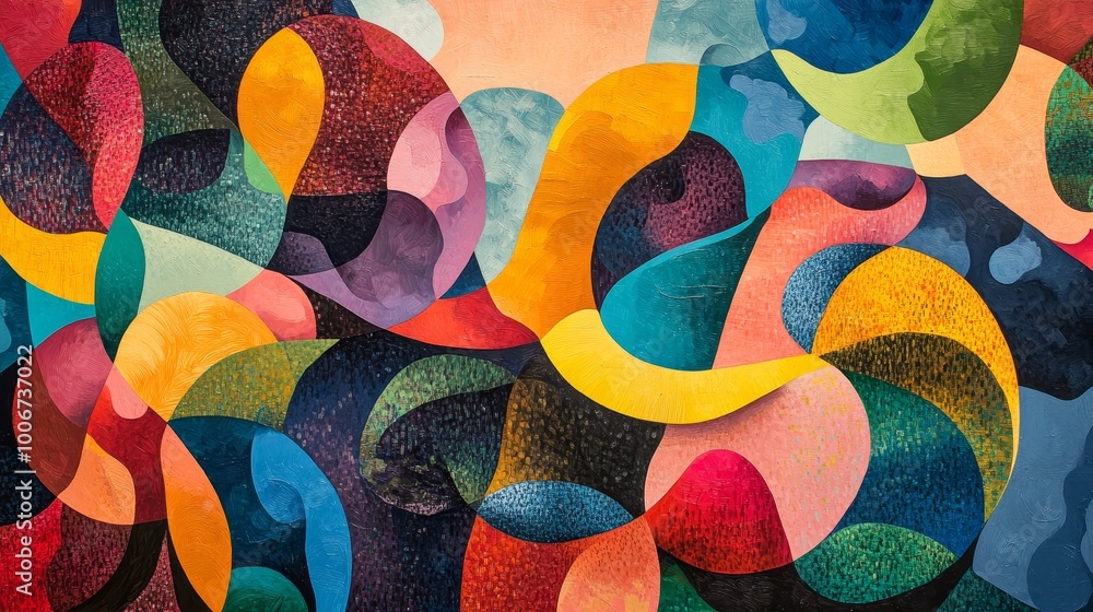 Poster an abstract painting with a myriad of overlapping colorful geometric shapes, creating a lively dynam