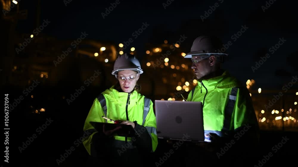 Poster Engineer wear uniform and helmet stand workplace hand holding tablet computer, survey inspection teamwork plant site to work with night lights oil refinery background.