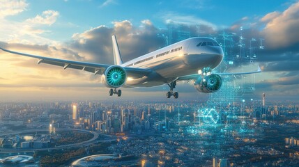 Hydrogen-powered airplane descending onto a sustainable airport, futuristic control towers visible