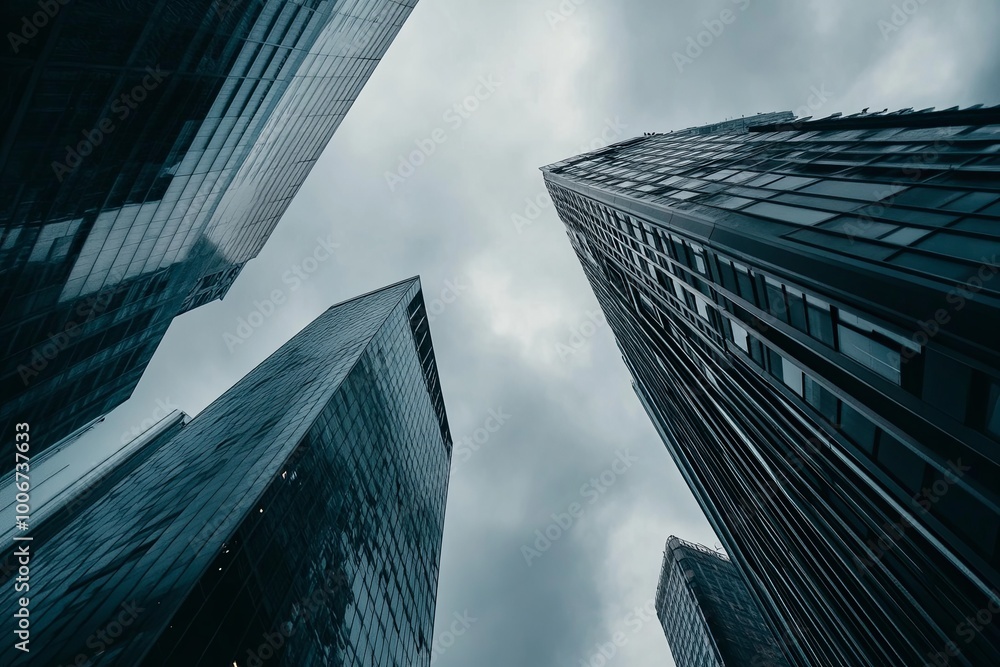 Poster a low angle view looking up at a row of towering skyscrapers against a cloudy sky.
