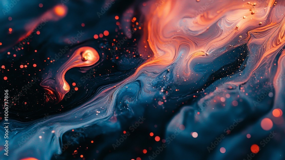 Poster cosmic swirls of vibrant orange and blue blend creating a mesmerizing, otherworldly atmosphere with 