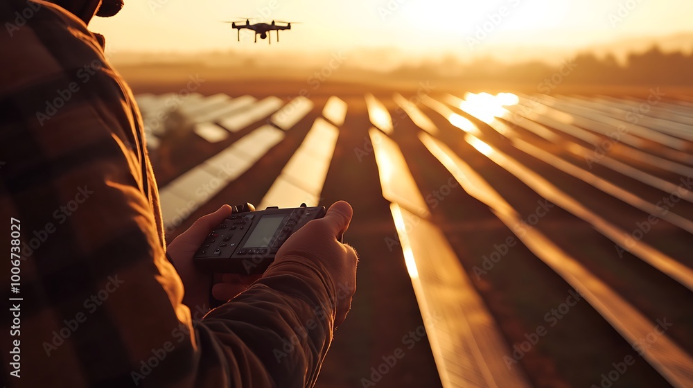 Poster Engineer Operating Drone Controller Over Solar Panel Field