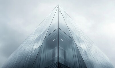 A low angle view of a modern glass skyscraper with a cloudy sky in the background.