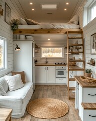 Cozy, minimalist tiny home with loft bed and modern kitchen design