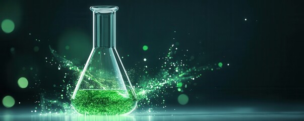 Green liquid erupting from a glass flask on a dark background.