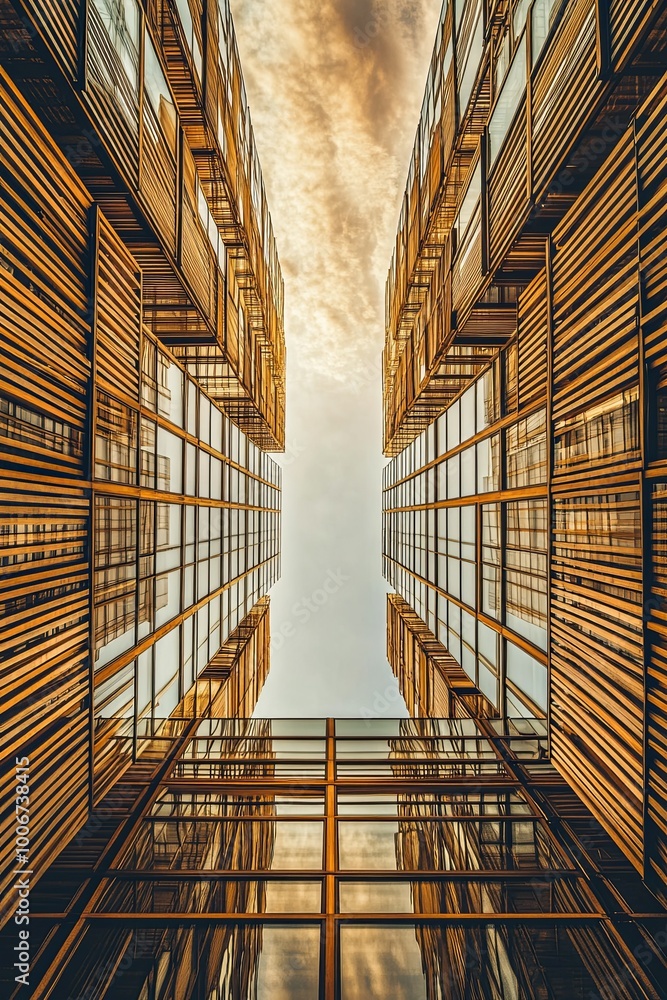 Poster a low angle view of two tall buildings with a clear sky visible between them.