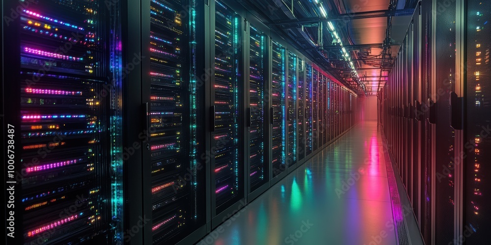 Aufkleber a vibrant and futuristic data center filled with glowing servers and colorful lights, showcasing the