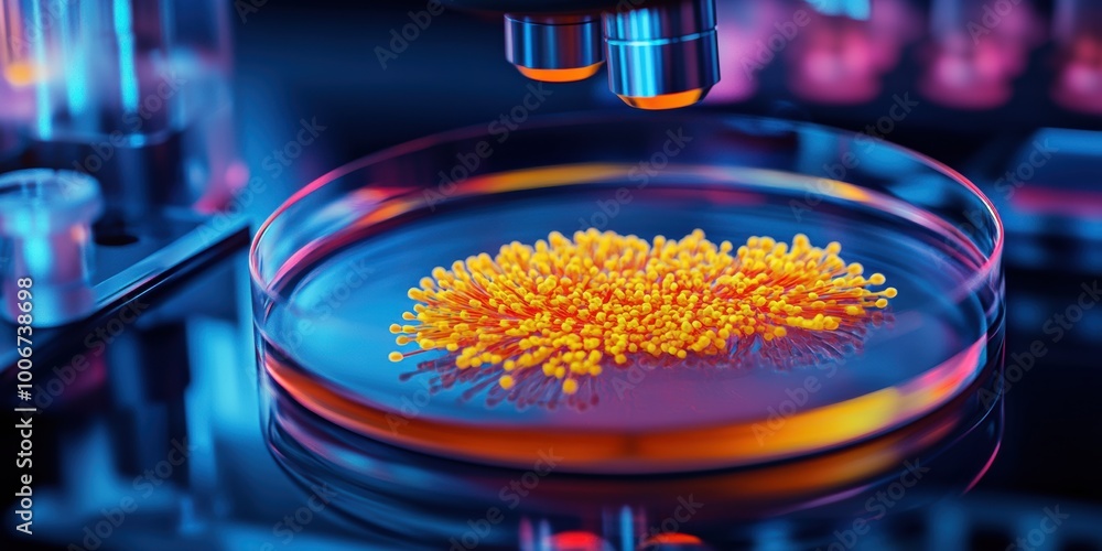 Poster a close-up view of vibrant yellow biological culture sample under a microscope in a laboratory setti