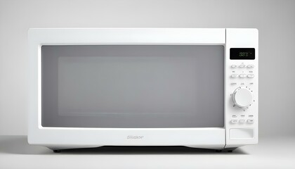 Fototapeta premium White microwave oven against a white studio background.
