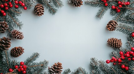 Fototapeta premium A beautiful frame of fresh pine branches, bright red berries, and rustic pine cones, set against a white background, ideal for festive decorations.