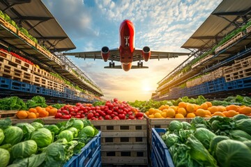 Airplane landing over fresh produce crates  a visual representation of global food logistics