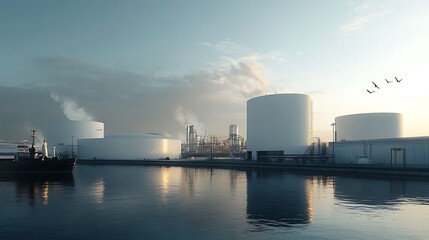 Obraz premium Industrial Complex with Large Storage Tanks on a Calm Waterway