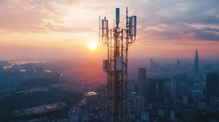 Telecommunication Tower at Sunset Over Cityscape