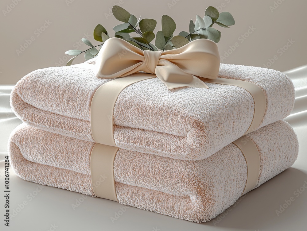 Poster soft, neatly stacked towels adorned with a delicate ribbon and greenery in a minimalist spa setting,