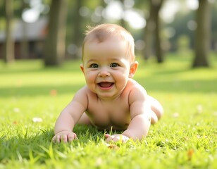 Smiling Baby Crawling Outdoors on a Sunny Day Exploring the Grass with Wide Eyes and Chubby Hands