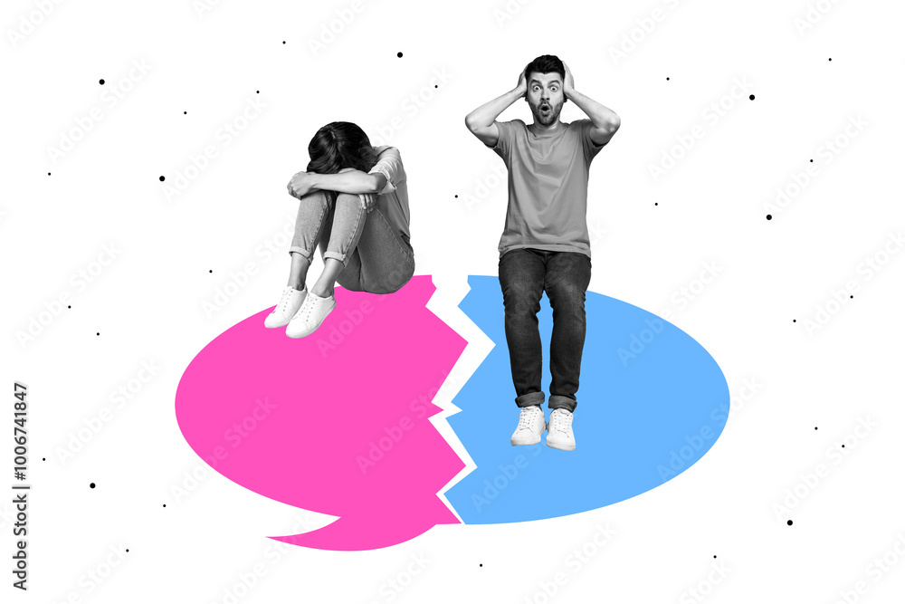 Poster composite artwork collage image picture of two mini people broken dialogue bubble isolated on creati