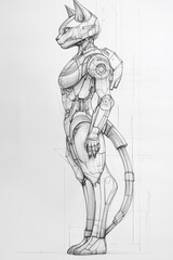 Fototapeta premium A pencil drawing of a robotic cat, standing in profile, with visible gears and mechanical parts.