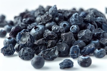 Pile of dried blueberries, Dried blueberries. Dried blueberries isolated on white background,...