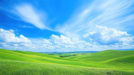 Obraz premium Rolling green hills under a bright blue sky with fluffy white clouds.
