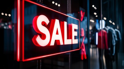 A vibrant neon SALE sign in a store window. Its red glow draws attention, enticing potential shoppers.