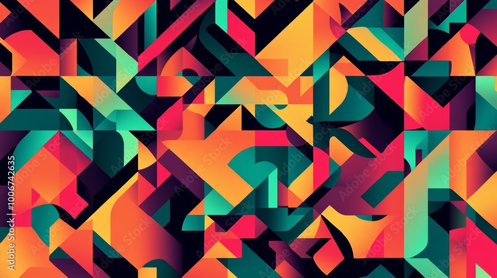 Poster a vibrant geometric abstract pattern with intersecting shapes in vivid yellows, reds, and greens, cr