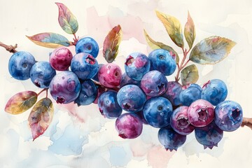 Watercolor illustration blueberry branch with berries, blueberry branches with leaves isolated, Lush ripe blueberries on the branches. Blueberries isolated