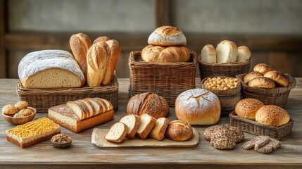 Variedad de panes frescos y artesanales en diferentes formas y tama&ntilde;os dispuestos en una mesa de madera r&uacute;stica. Desde hogazas hasta bollos, muestran texturas doradas y apetitosas.