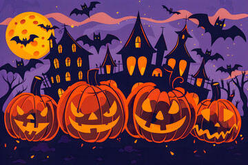 Illustration featuring Jack o' Lantern and castle silhouette at night, perfect for Halloween greetings or special Halloween sales promotions. banner sale concept