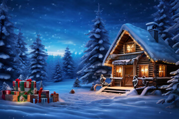 Fototapeta premium Weihnachten Schneefall im Dorf Lichter und Dekoration