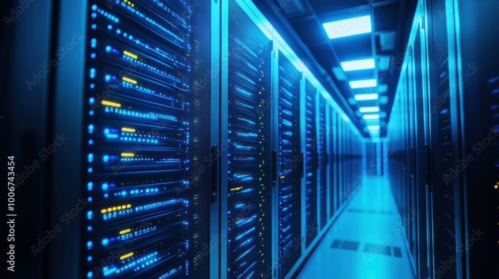 Poster 4 a row of neat and modern server racks illuminated by blue led lights, interior view of a high-tech