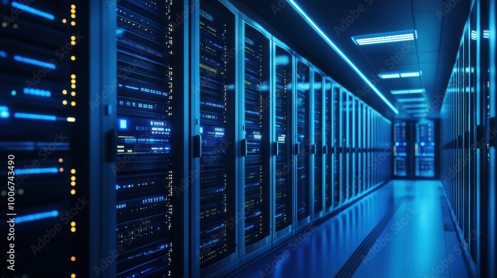 Poster a row of neat and modern server racks illuminated by blue led lights, interior view of a high-tech d