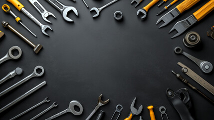 Different type of Mechanical tools on a black background, empty space on middle for text placement