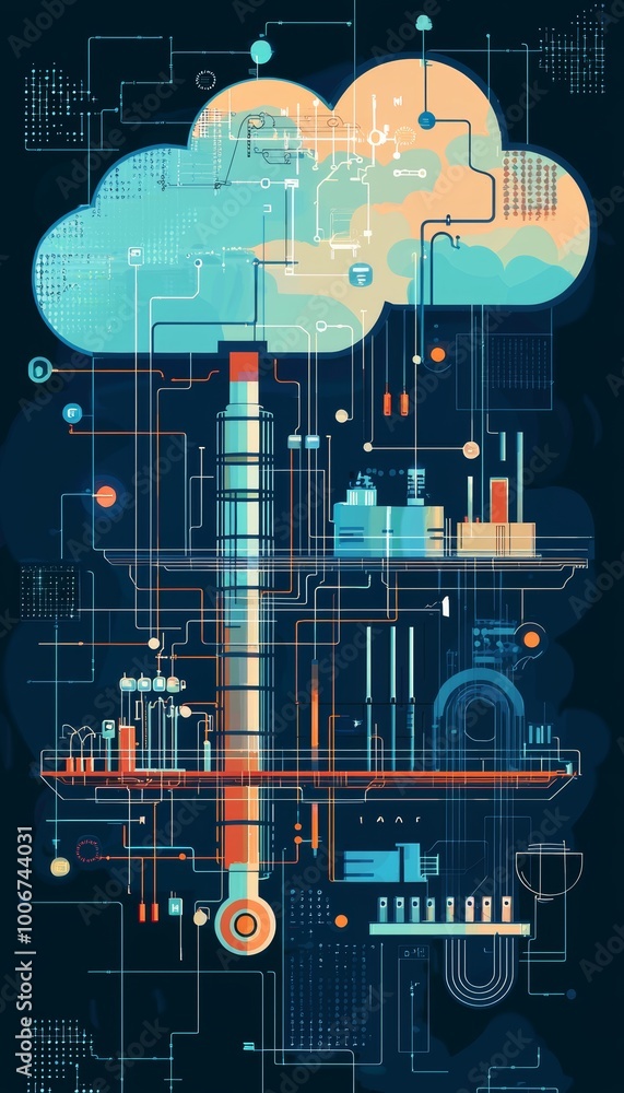 Poster the image illustrates a complex cloud computing framework, showcasing interconnected digital systems
