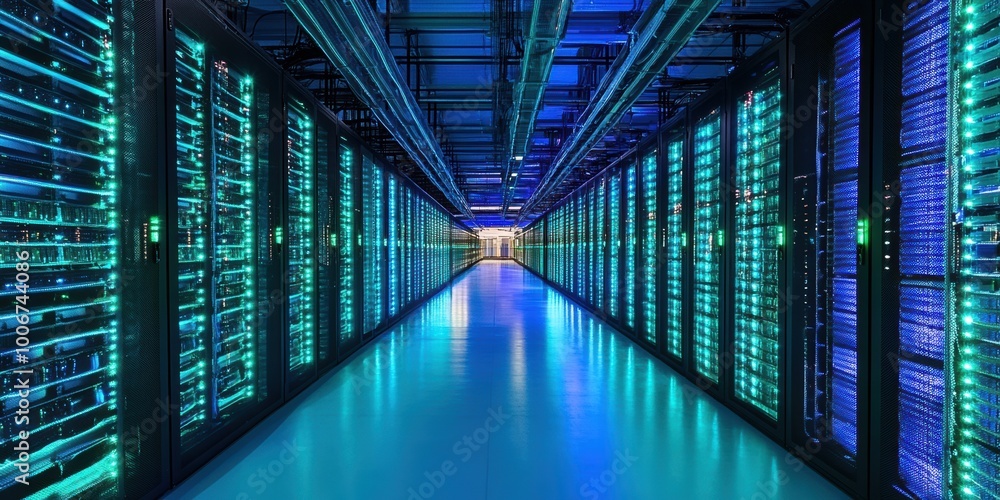 Aufkleber a vibrant data center interior showcasing rows of illuminated server racks in a modern facility, ill