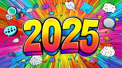 Abstract Comic Style Background Featuring "2025" in Vibrant Colors