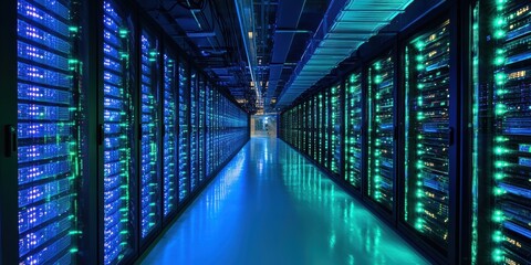 A vibrant data center interior showcasing rows of illuminated server racks in a modern facility