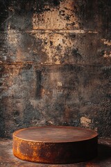 An industrial metal podium with a brown surface, ideal for edgy and modern product displays and presentations. The gritty background adds a raw and urban feel